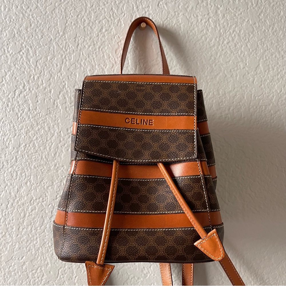 CELINE Macadam Canvas Backpack Purse Brown PVC Leather Vintage MC96*